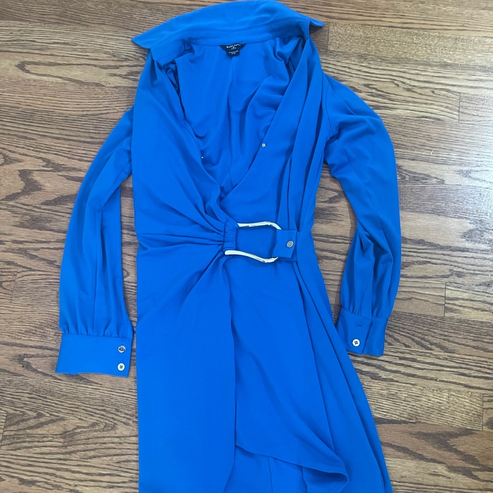 Marciano Blue Sheath Dress with Notched Collar and Cuffed Sleeves